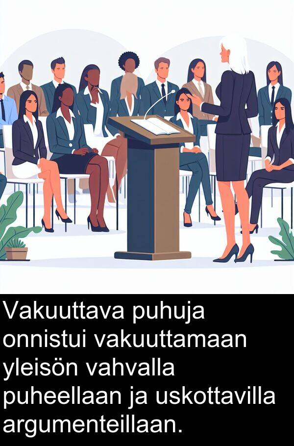 vakuuttamaan: Vakuuttava puhuja onnistui vakuuttamaan yleisön vahvalla puheellaan ja uskottavilla argumenteillaan.