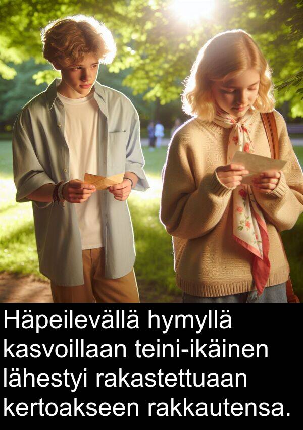 lähestyi: Häpeilevällä hymyllä kasvoillaan teini-ikäinen lähestyi rakastettuaan kertoakseen rakkautensa.