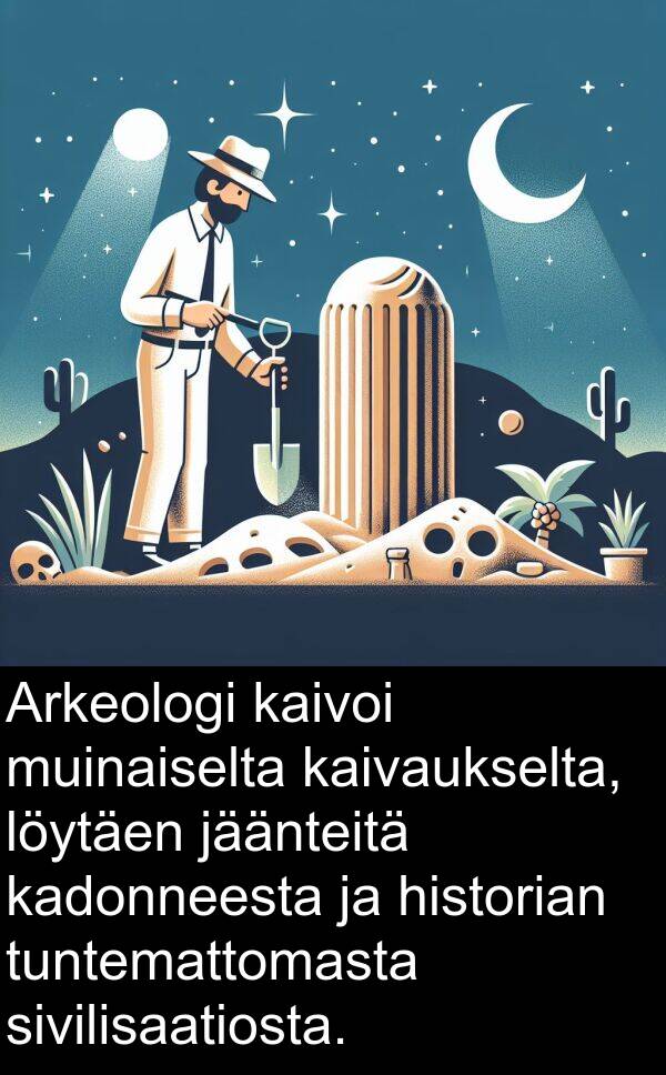 kaivoi: Arkeologi kaivoi muinaiselta kaivaukselta, löytäen jäänteitä kadonneesta ja historian tuntemattomasta sivilisaatiosta.