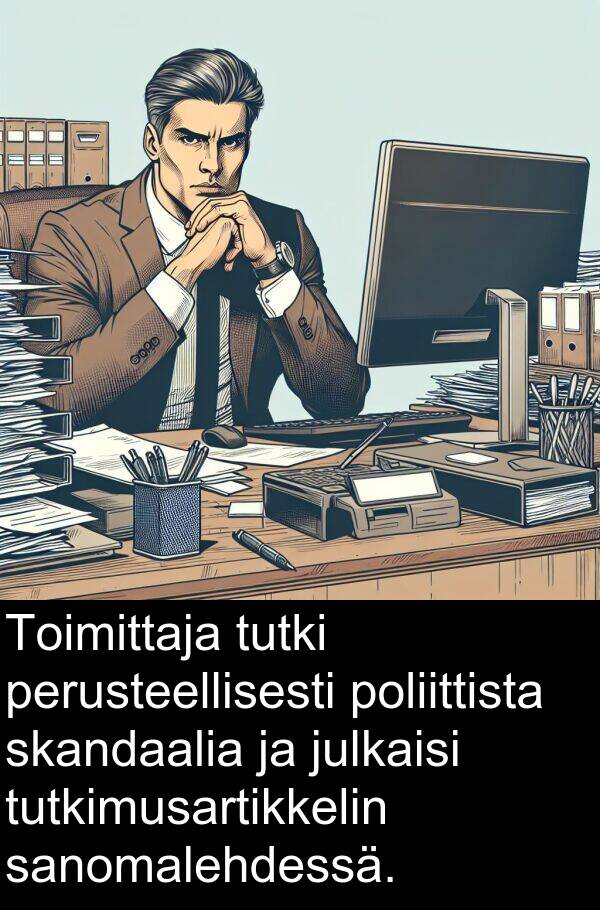 skandaalia: Toimittaja tutki perusteellisesti poliittista skandaalia ja julkaisi tutkimusartikkelin sanomalehdessä.
