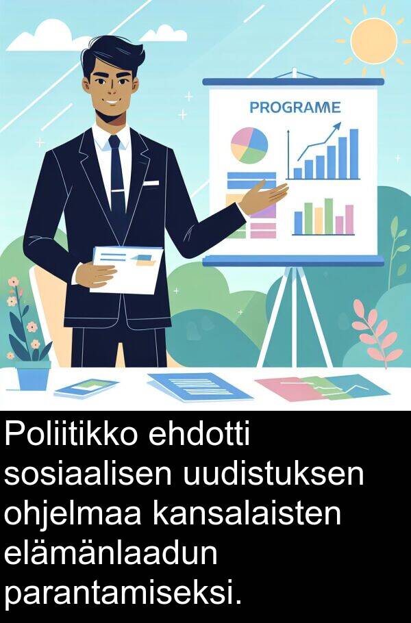 sosiaalisen: Poliitikko ehdotti sosiaalisen uudistuksen ohjelmaa kansalaisten elämänlaadun parantamiseksi.
