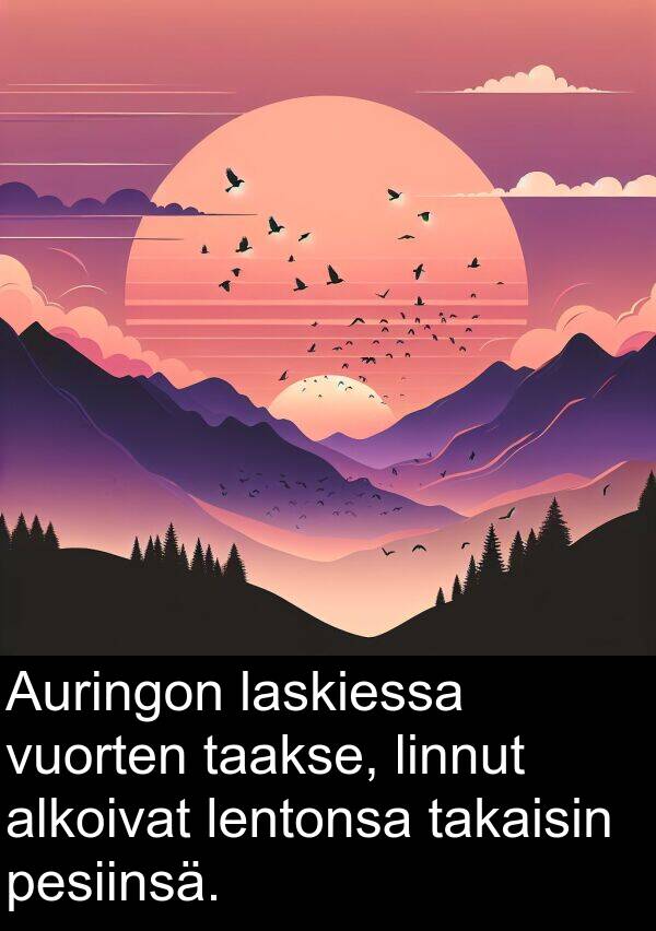 taakse: Auringon laskiessa vuorten taakse, linnut alkoivat lentonsa takaisin pesiinsä.