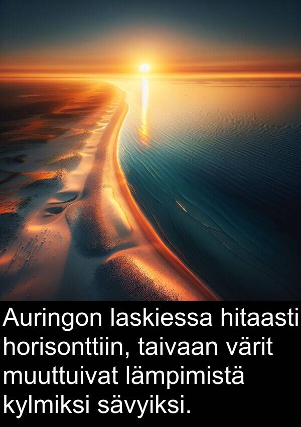 taivaan: Auringon laskiessa hitaasti horisonttiin, taivaan värit muuttuivat lämpimistä kylmiksi sävyiksi.