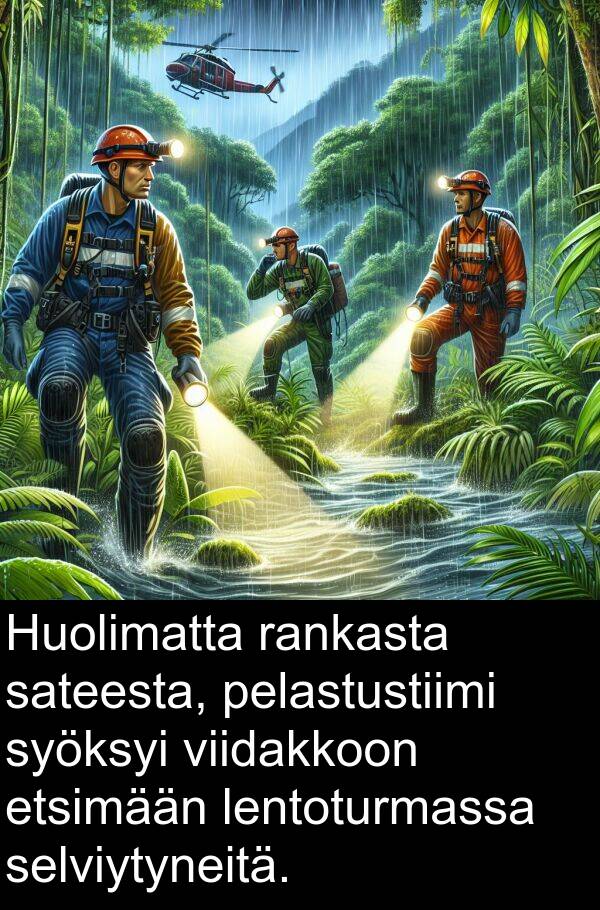 selviytyneitä: Huolimatta rankasta sateesta, pelastustiimi syöksyi viidakkoon etsimään lentoturmassa selviytyneitä.