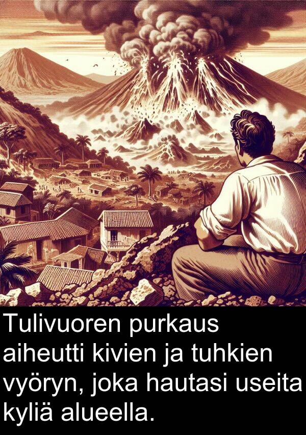 vyöryn: Tulivuoren purkaus aiheutti kivien ja tuhkien vyöryn, joka hautasi useita kyliä alueella.