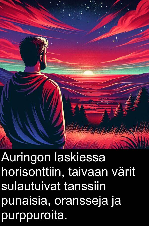 taivaan: Auringon laskiessa horisonttiin, taivaan värit sulautuivat tanssiin punaisia, oransseja ja purppuroita.