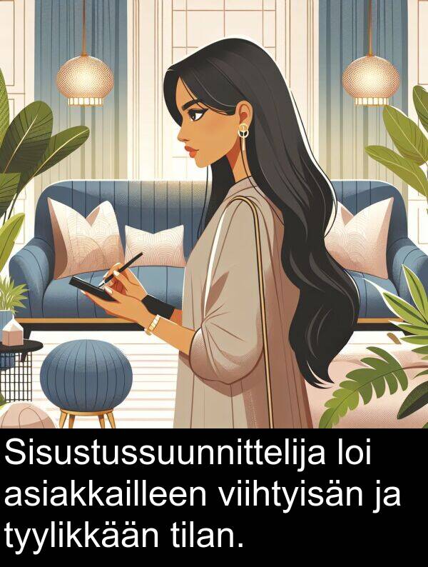 loi: Sisustussuunnittelija loi asiakkailleen viihtyisän ja tyylikkään tilan.