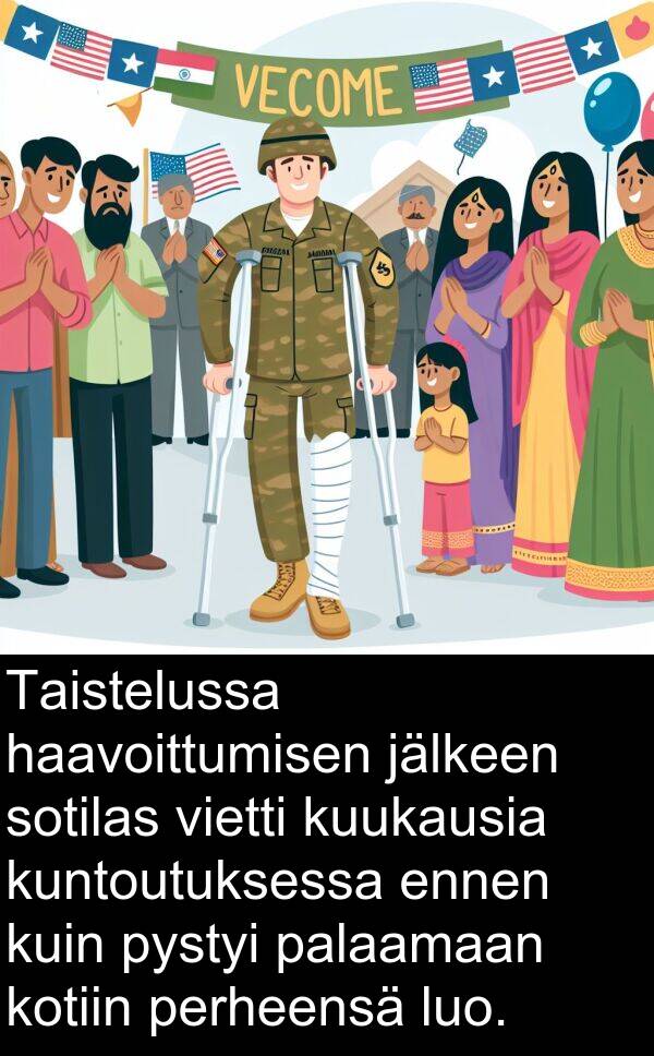 palaamaan: Taistelussa haavoittumisen jälkeen sotilas vietti kuukausia kuntoutuksessa ennen kuin pystyi palaamaan kotiin perheensä luo.
