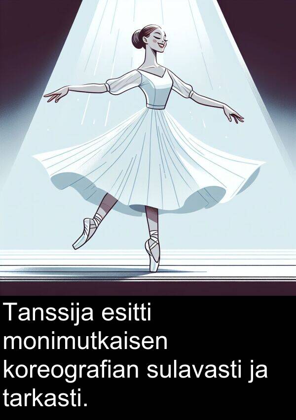 sulavasti: Tanssija esitti monimutkaisen koreografian sulavasti ja tarkasti.