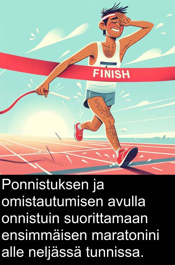 suorittamaan: Ponnistuksen ja omistautumisen avulla onnistuin suorittamaan ensimmäisen maratonini alle neljässä tunnissa.