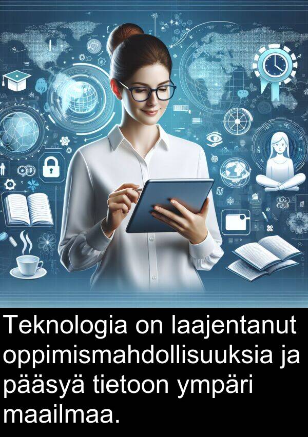 laajentanut: Teknologia on laajentanut oppimismahdollisuuksia ja pääsyä tietoon ympäri maailmaa.