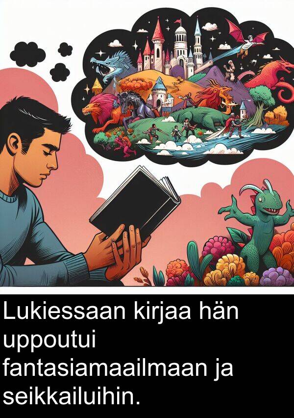 kirjaa: Lukiessaan kirjaa hän uppoutui fantasiamaailmaan ja seikkailuihin.
