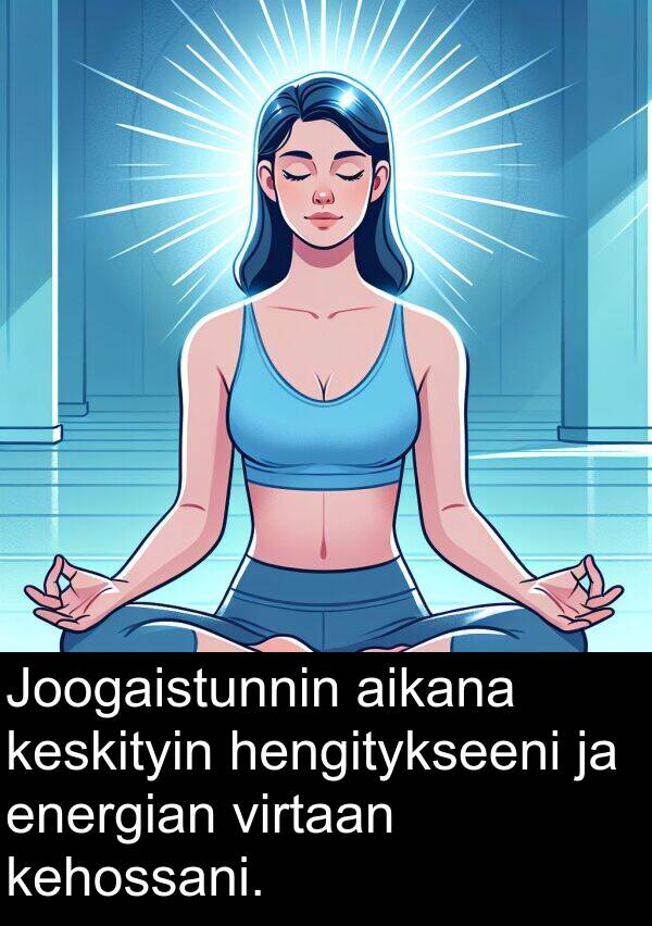 keskityin: Joogaistunnin aikana keskityin hengitykseeni ja energian virtaan kehossani.
