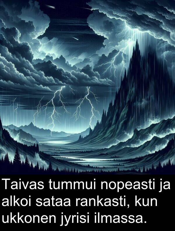 sataa: Taivas tummui nopeasti ja alkoi sataa rankasti, kun ukkonen jyrisi ilmassa.