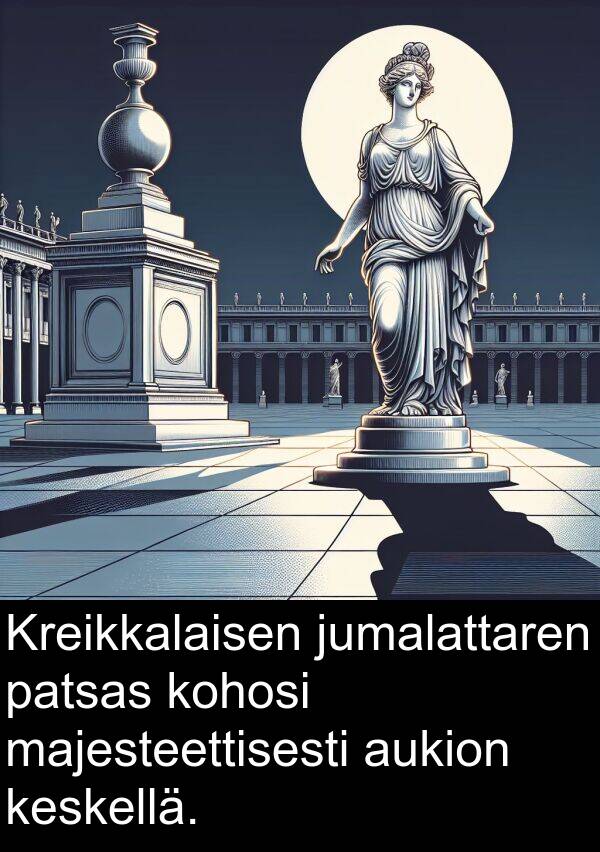 majesteettisesti: Kreikkalaisen jumalattaren patsas kohosi majesteettisesti aukion keskellä.