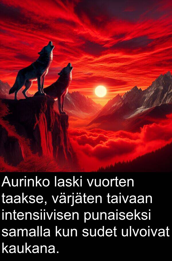 taivaan: Aurinko laski vuorten taakse, värjäten taivaan intensiivisen punaiseksi samalla kun sudet ulvoivat kaukana.