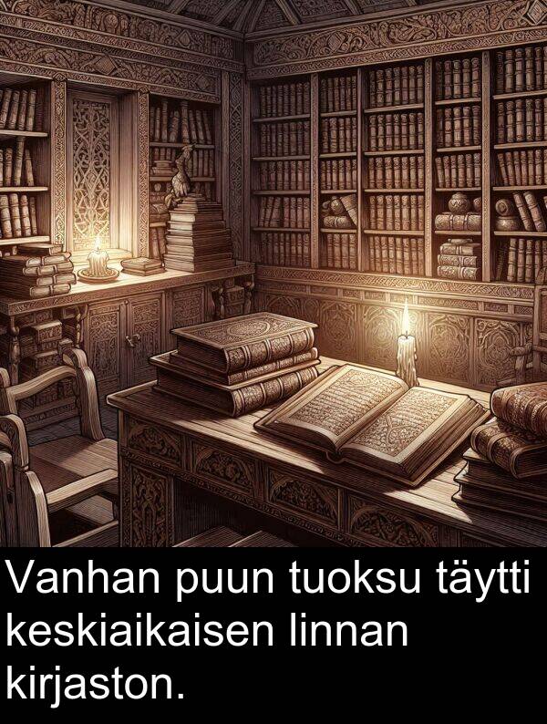 tuoksu: Vanhan puun tuoksu täytti keskiaikaisen linnan kirjaston.