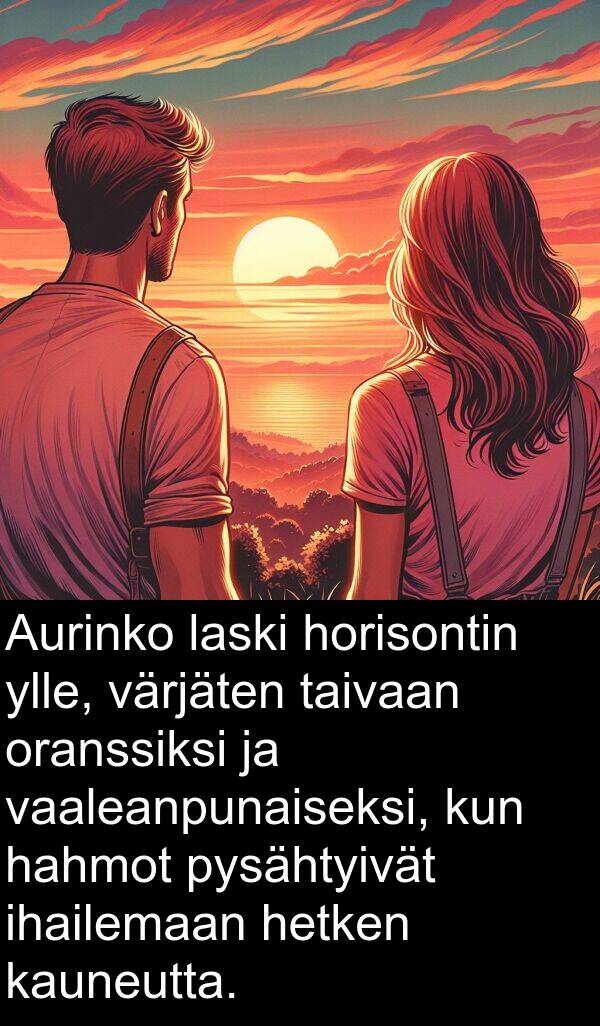 hetken: Aurinko laski horisontin ylle, värjäten taivaan oranssiksi ja vaaleanpunaiseksi, kun hahmot pysähtyivät ihailemaan hetken kauneutta.