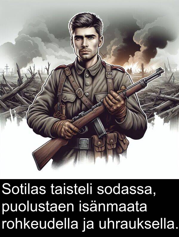 uhrauksella: Sotilas taisteli sodassa, puolustaen isänmaata rohkeudella ja uhrauksella.