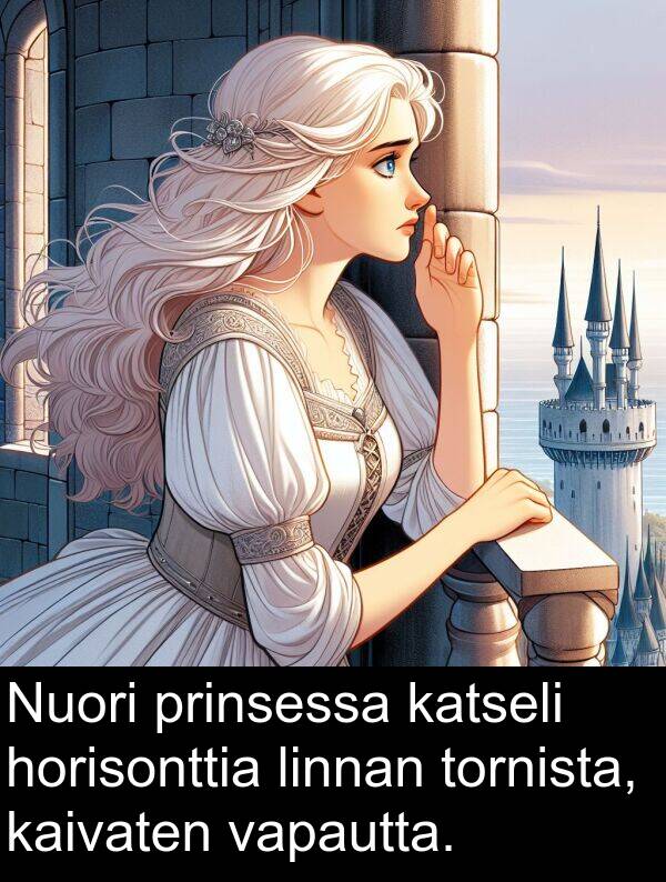 katseli: Nuori prinsessa katseli horisonttia linnan tornista, kaivaten vapautta.