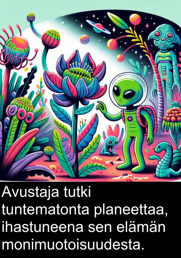 ihastuneena: Avustaja tutki tuntematonta planeettaa, ihastuneena sen elämän monimuotoisuudesta.