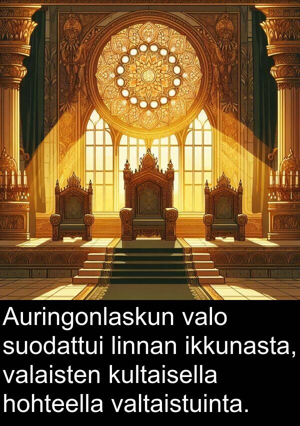 suodattui: Auringonlaskun valo suodattui linnan ikkunasta, valaisten kultaisella hohteella valtaistuinta.