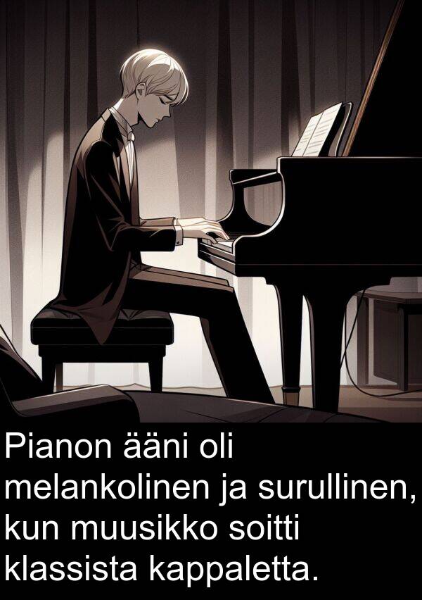 surullinen: Pianon ääni oli melankolinen ja surullinen, kun muusikko soitti klassista kappaletta.