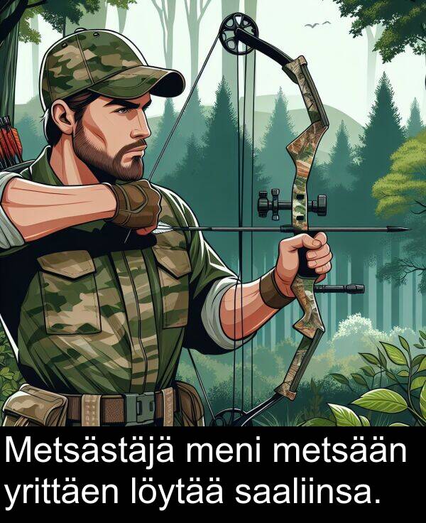 yrittäen: Metsästäjä meni metsään yrittäen löytää saaliinsa.