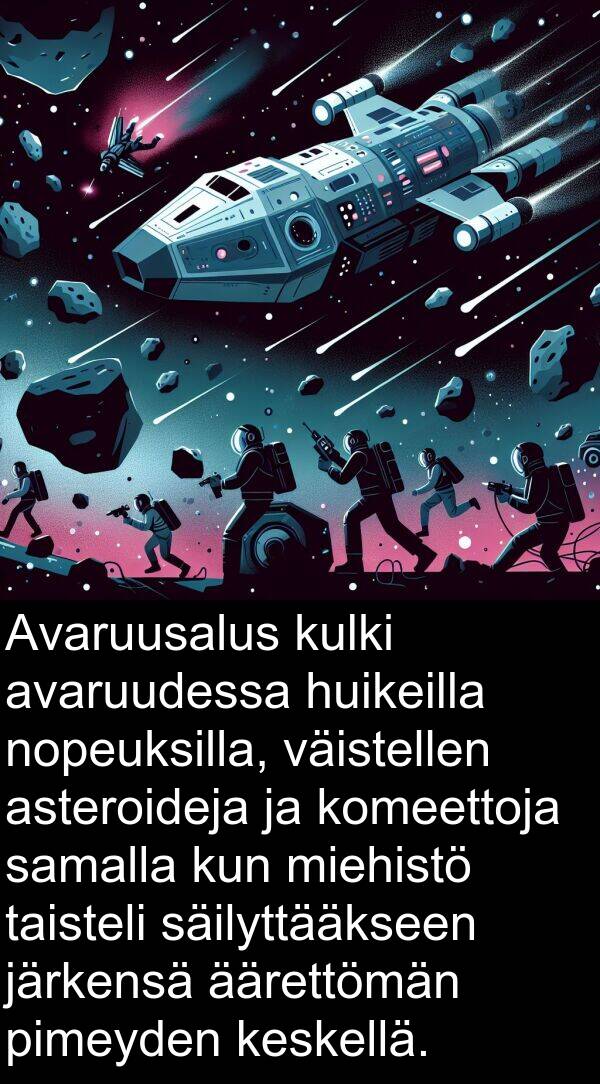 säilyttääkseen: Avaruusalus kulki avaruudessa huikeilla nopeuksilla, väistellen asteroideja ja komeettoja samalla kun miehistö taisteli säilyttääkseen järkensä äärettömän pimeyden keskellä.
