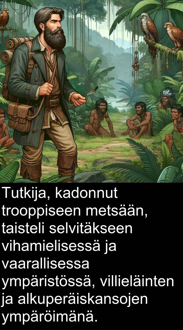 selvitäkseen: Tutkija, kadonnut trooppiseen metsään, taisteli selvitäkseen vihamielisessä ja vaarallisessa ympäristössä, villieläinten ja alkuperäiskansojen ympäröimänä.