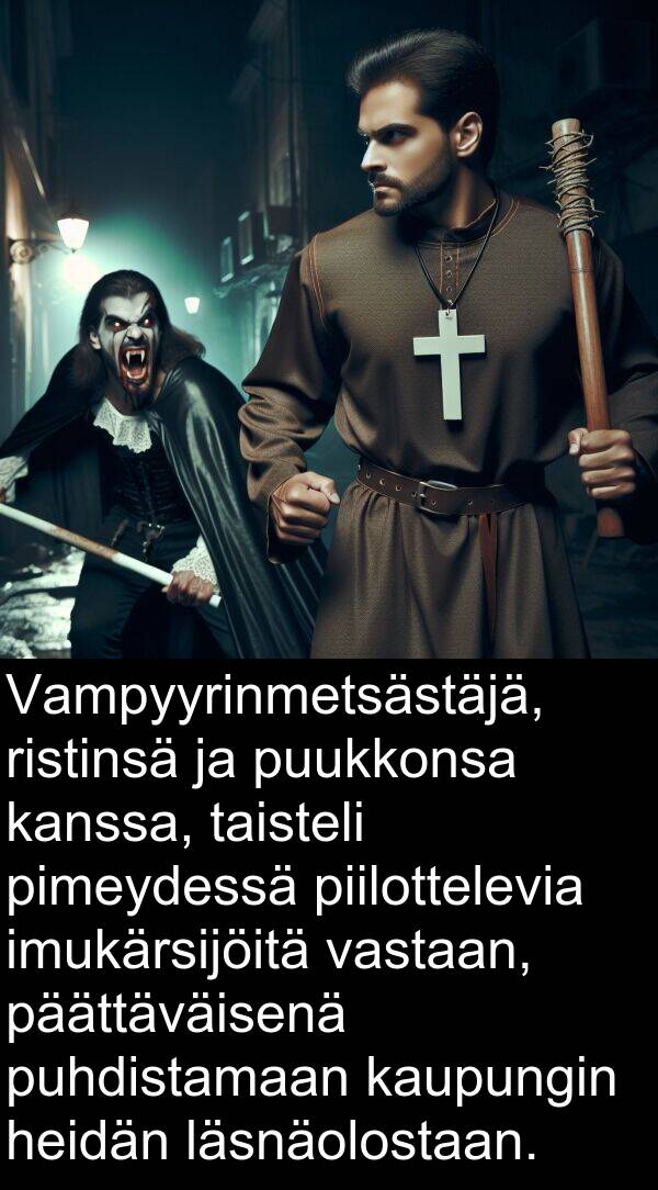 puhdistamaan: Vampyyrinmetsästäjä, ristinsä ja puukkonsa kanssa, taisteli pimeydessä piilottelevia imukärsijöitä vastaan, päättäväisenä puhdistamaan kaupungin heidän läsnäolostaan.