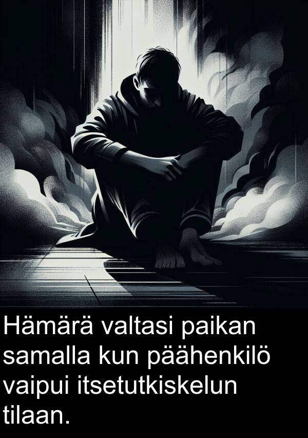 samalla: Hämärä valtasi paikan samalla kun päähenkilö vaipui itsetutkiskelun tilaan.