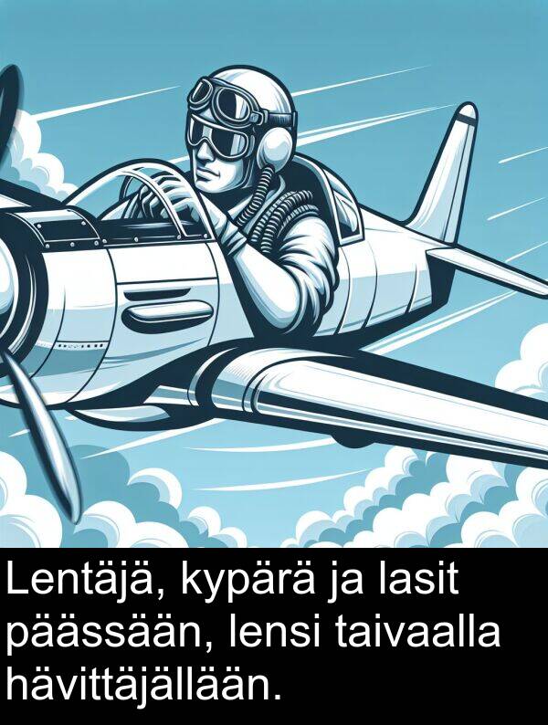 taivaalla: Lentäjä, kypärä ja lasit päässään, lensi taivaalla hävittäjällään.