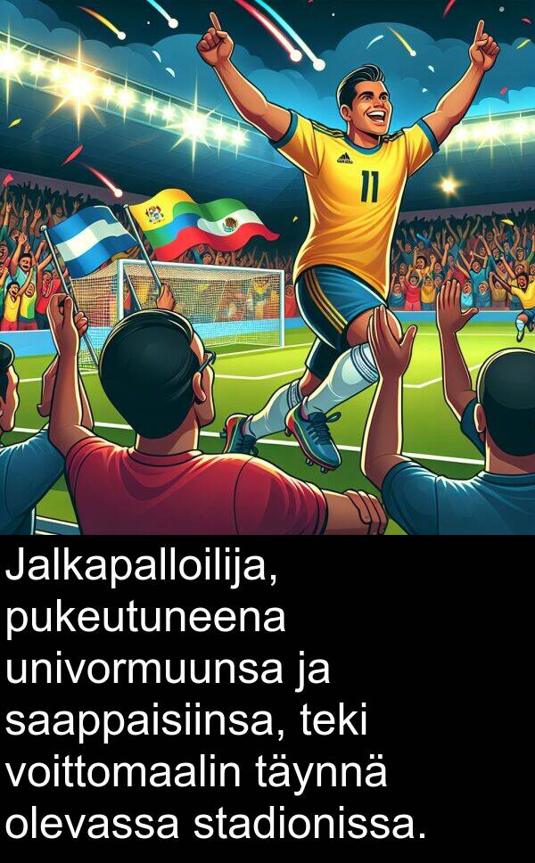 stadionissa: Jalkapalloilija, pukeutuneena univormuunsa ja saappaisiinsa, teki voittomaalin täynnä olevassa stadionissa.