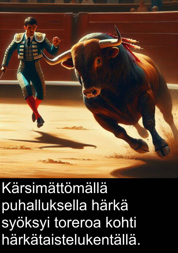 härkätaistelukentällä: Kärsimättömällä puhalluksella härkä syöksyi toreroa kohti härkätaistelukentällä.