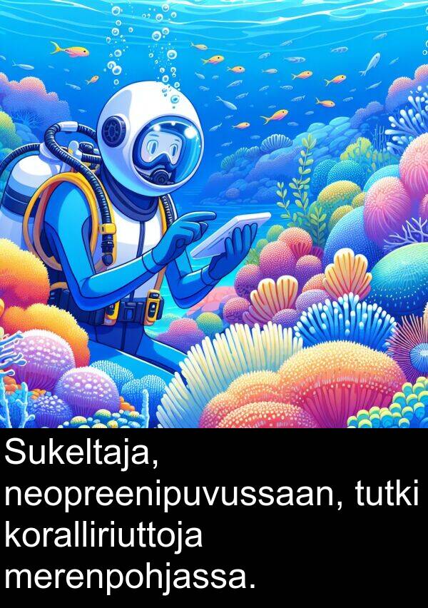neopreenipuvussaan: Sukeltaja, neopreenipuvussaan, tutki koralliriuttoja merenpohjassa.
