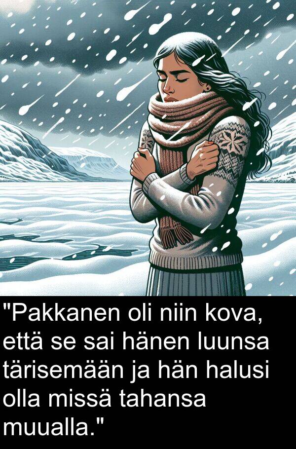 muualla: "Pakkanen oli niin kova, että se sai hänen luunsa tärisemään ja hän halusi olla missä tahansa muualla."