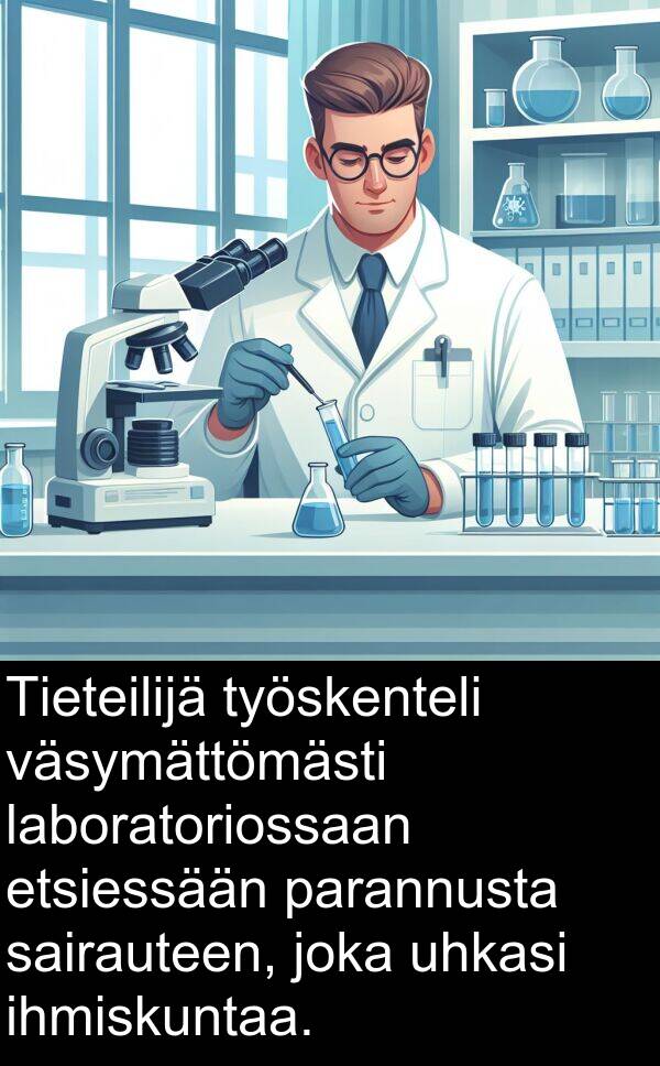 sairauteen: Tieteilijä työskenteli väsymättömästi laboratoriossaan etsiessään parannusta sairauteen, joka uhkasi ihmiskuntaa.