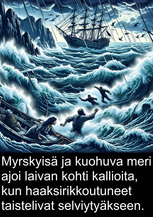selviytyäkseen: Myrskyisä ja kuohuva meri ajoi laivan kohti kallioita, kun haaksirikkoutuneet taistelivat selviytyäkseen.