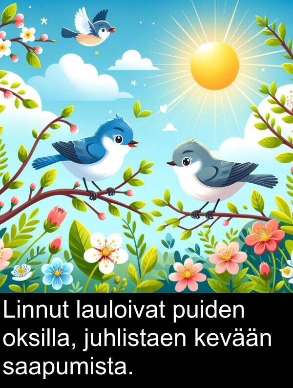 saapumista: Linnut lauloivat puiden oksilla, juhlistaen kevään saapumista.