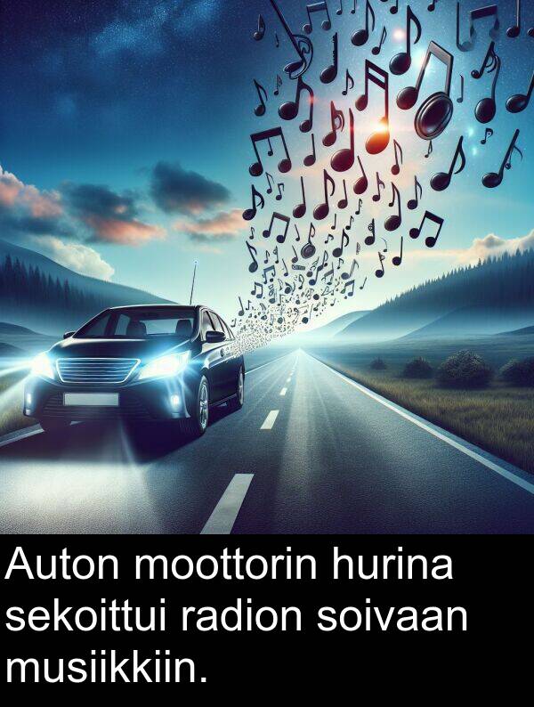 soivaan: Auton moottorin hurina sekoittui radion soivaan musiikkiin.