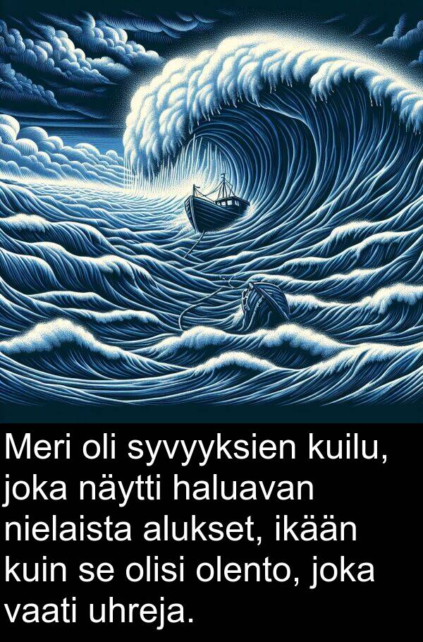 syvyyksien: Meri oli syvyyksien kuilu, joka näytti haluavan nielaista alukset, ikään kuin se olisi olento, joka vaati uhreja.