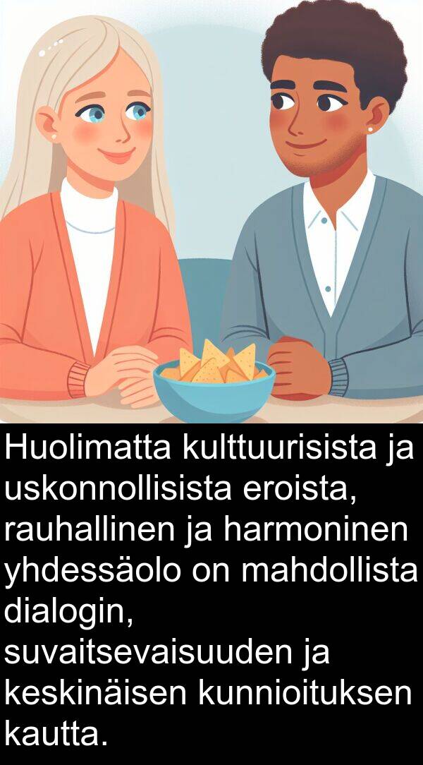 suvaitsevaisuuden: Huolimatta kulttuurisista ja uskonnollisista eroista, rauhallinen ja harmoninen yhdessäolo on mahdollista dialogin, suvaitsevaisuuden ja keskinäisen kunnioituksen kautta.