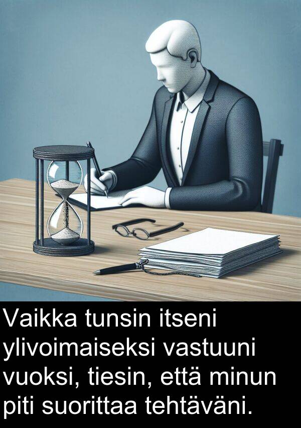 suorittaa: Vaikka tunsin itseni ylivoimaiseksi vastuuni vuoksi, tiesin, että minun piti suorittaa tehtäväni.