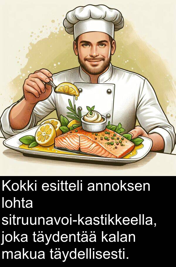 lohta: Kokki esitteli annoksen lohta sitruunavoi-kastikkeella, joka täydentää kalan makua täydellisesti.