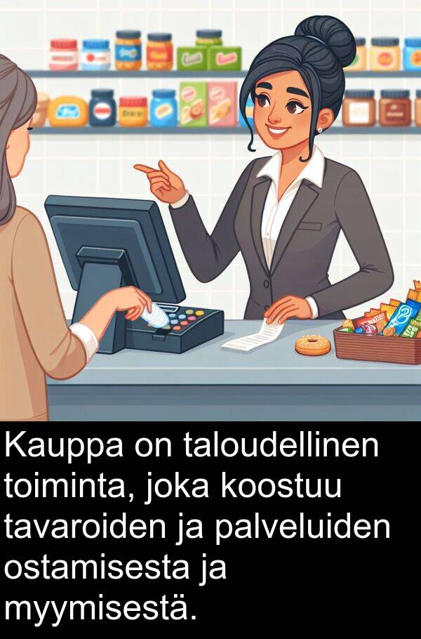 palveluiden: Kauppa on taloudellinen toiminta, joka koostuu tavaroiden ja palveluiden ostamisesta ja myymisestä.