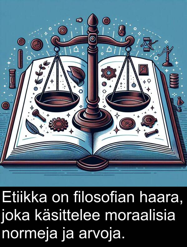arvoja: Etiikka on filosofian haara, joka käsittelee moraalisia normeja ja arvoja.