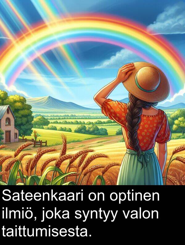 syntyy: Sateenkaari on optinen ilmiö, joka syntyy valon taittumisesta.