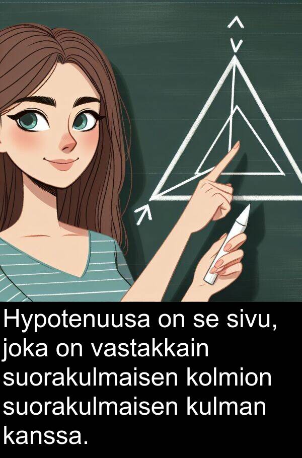 sivu: Hypotenuusa on se sivu, joka on vastakkain suorakulmaisen kolmion suorakulmaisen kulman kanssa.