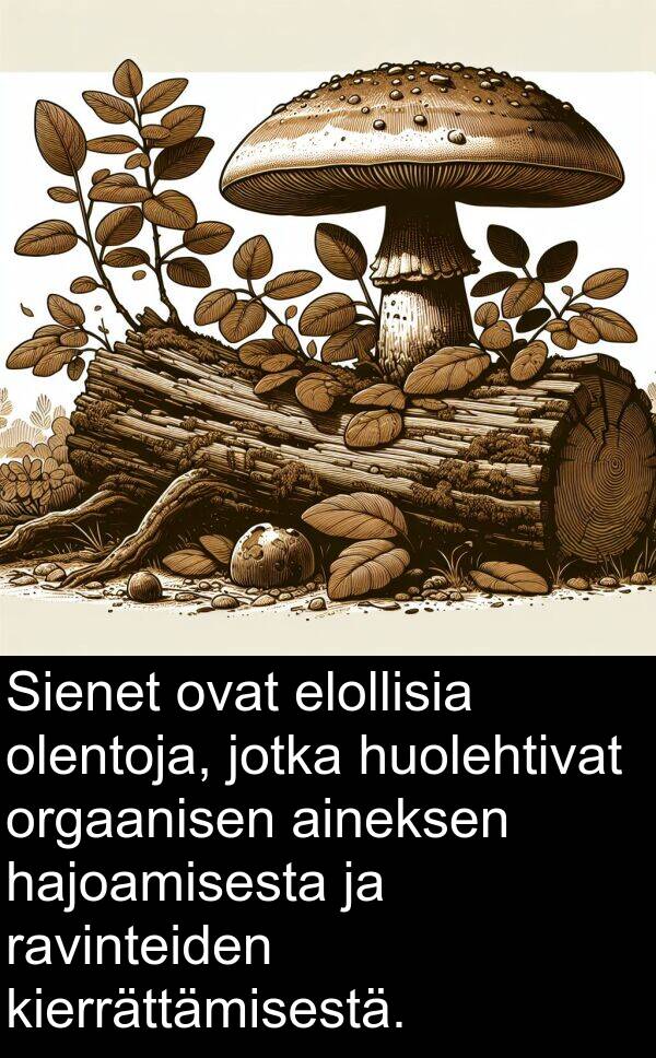 orgaanisen: Sienet ovat elollisia olentoja, jotka huolehtivat orgaanisen aineksen hajoamisesta ja ravinteiden kierrättämisestä.